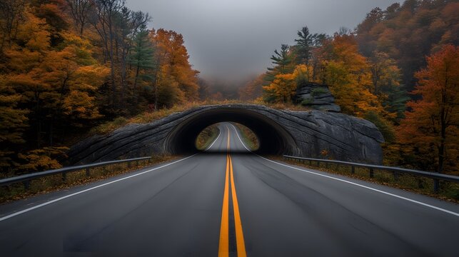 Scenic Autumn Road Tunnel through Colorful Fall Foliage