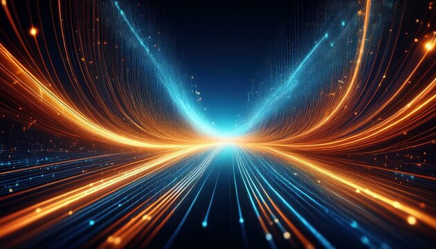 abstract digital data stream background with glowing blue lines orange particles and a futuristic feel representing technology connectivity data flow and the digital world