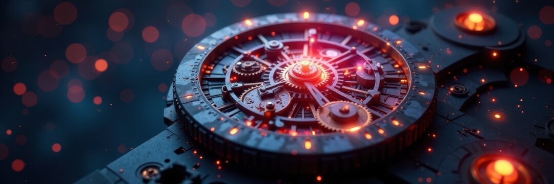 Clockwork mechanism with colorful glowing orbs, mechanical, fantasy, lampades