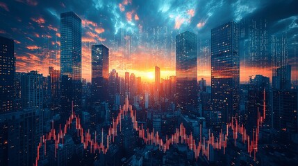 Obraz premium A captivating city skyline at sunset enhanced by dynamic graph overlays illustrating the intersection of urban beauty and financial market activity.
