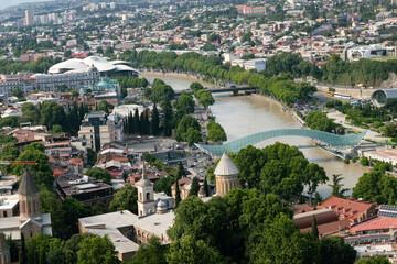 Panoramic bird's-eye view of Tbilisi's old town. The capital of Georgia, located on the banks of the Kura River. © KATSIARYNA PALTARACH