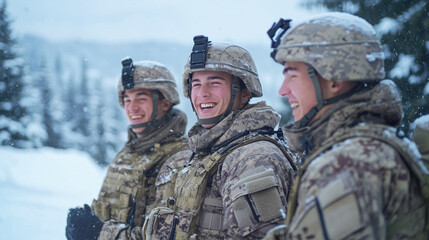Fototapeta premium Smiling soldiers in winter camo enjoy snowy day training with mountain background and military gear outdoors