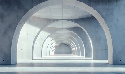 A minimalist perspective of an arched concrete passageway with bright lighting
