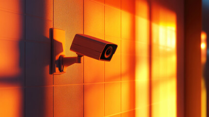 Vibrant orange sunrise illuminates modern surveillance camera mounted on tiled wall in secured indoor environment