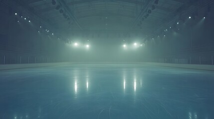 Empty Foggy Ice Rink Stadium with Lights