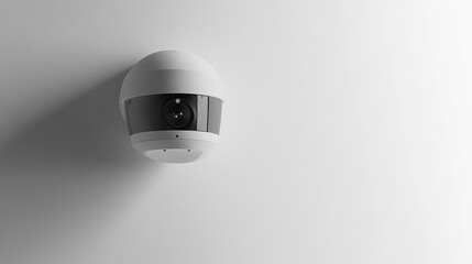 High-definition security camera mounted on a white wall capturing 360-degree surveillance footage with modern technology and design for background