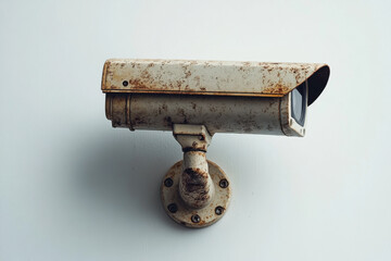 Aged rusty security camera mounted on a plain wall capturing surroundings with a vintage and industrial design