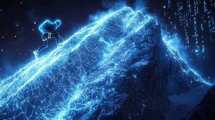 A futuristic digital hiker climbing a neon-lit mountain with glowing lines and binary code in a cybernetic landscape