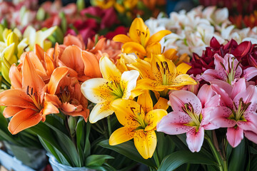 Vibrant Generative AI Floral Display Featuring Roses, Ranunculus, and Seasonal Flowers at a Flower Market