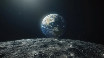 Earth viewed from the moon's surface: stunning space scene depicting craters, dark sky, and blue planet in the vast cosmic universe