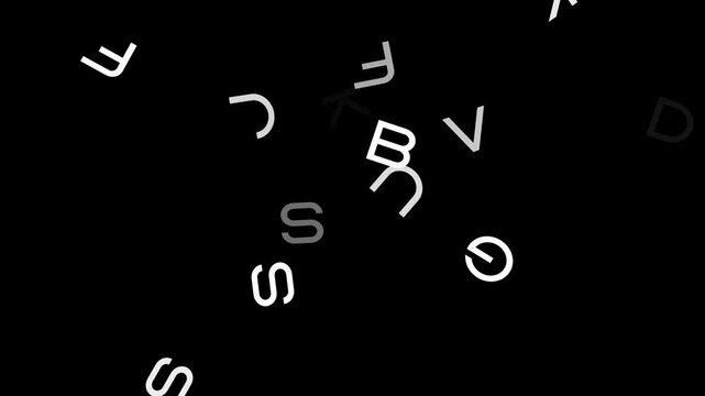 Abstract texture with English alphabet letters fling on black background.