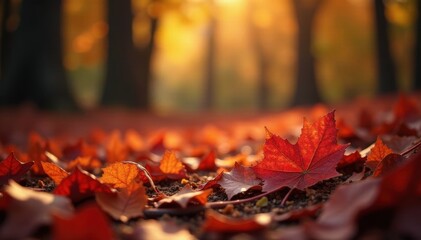 Crisp autumn leaves, vibrant red and gold hues, scattered on forest floor, leaf pile, earth, fall leaves