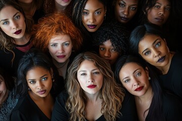 Fototapeta premium A group of young women posing together, all dressed in black and red with varying makeup styles, showcasing diverse expressions and styles against a dark background