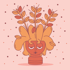 Ceramic pot with eyes from which doodle-style flowers grow in retro colors