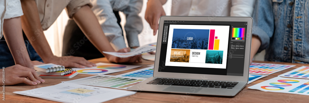 Poster Graphic designer software for modern design of web page and commercial brisk ads showing on the computer screen