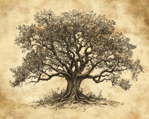 Hand-Drawn Vintage Family Tree Illustration Featuring Engraved Oak Branches for Genealogy Projects