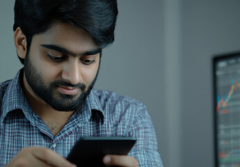 Young Indian man is focused on his smartphone in a contemporary office, possibly reviewing financial information during work hours