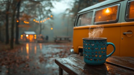 A beautiful autumn setting with a steaming mug of coffee set against a backdrop of falling rain, evoking feelings of warmth and nostalgia amidst the tranquil, autumn atmosphere.