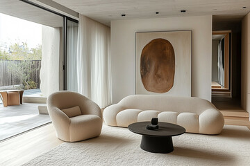 Minimalist, japandi style interior design of modern living room. Room with contemporary beige boucle sofa, armchair, and abstract painting.