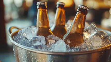 Metal bucket with beer bottles and ice cubes