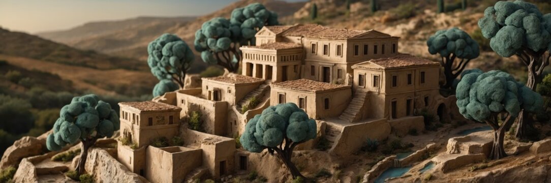 Cliffside village with ancient stone buildings and panoramic views - Powered by Adobe