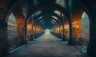 Obraz premium Endless tunnel with brick arches and distant light at the very end of the path