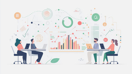 Professional business team working on a project together in the office Using innovation economic growth charts and network connections to accompany the data. in analyzing future trends