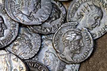 Roman silver denarii coins showing portraits of various emperors