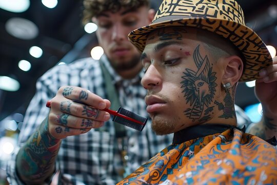 Waitress barista in uniform happily multitasking with mobile phone at bustling cafe counter
