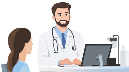 Fototapeta premium Smiling Doctor Girl Patient Consultation Laptop Medical Office Illustration