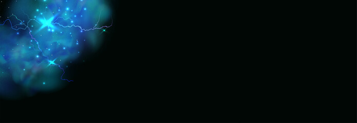 Powerful electrical current energy. Flash of lightning in a magic frame. Neon discharge in smoke effect.