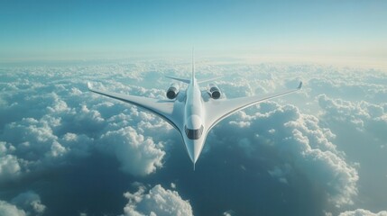 Fototapeta premium Luxury Private Jet Flying Above Earth with Blue Sky and Fluffy White Clouds