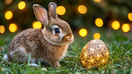 Fototapeta premium Easter bunny, illuminated egg, garden, night lights