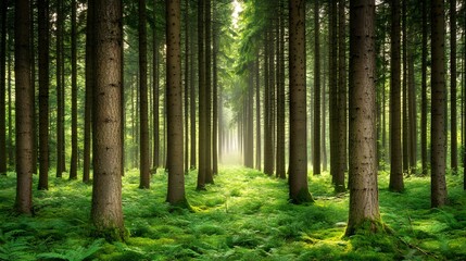 Naklejka premium Luminous Sunlight Path in Misty Green Forest