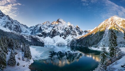 tranquil view of morskie oko in tatra national park poland showcasing majestic snow covered mountains serene frozen lake and reflections on a chilly winter day winter landscape © Herminia