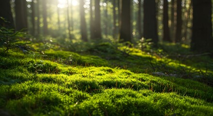 Sunlight Streaming Through Forest Canopy Illuminating Lush Green Moss