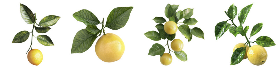 Lemon with green leaves isolated on transparent background ,PNG , set of