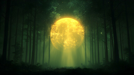 Full moon in mystical forest at night, background illustration