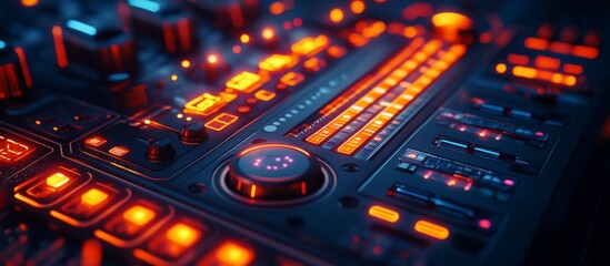 Close-up of a futuristic audio mixer with glowing controls and vibrant lights in a studio