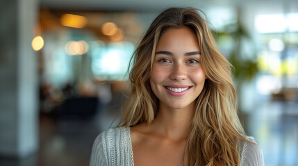 Obraz premium Smiling beautiful elegant businesswoman standing at lobby in a modern business office tower. bright white tone. bright white tone.