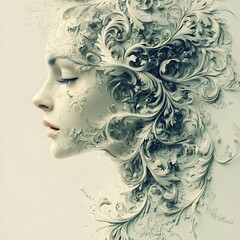 Elegant lady adorned with intricate floral patterns in a serene, artistic composition