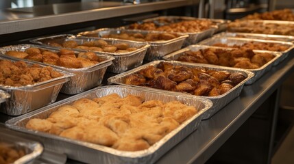 Catering food buffet, kitchen setting, various pastries, event preparation