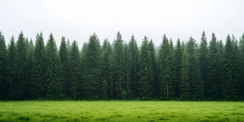 Fototapeta premium Evergreen Forest Meadow: A serene scene featuring a dense line of coniferous trees meeting a vibrant green meadow, all under a misty sky.