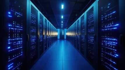 Fototapeta premium Modern Data Center with Servers, High-Quality 4K Creative Illustration, AI and Cloud Computing
