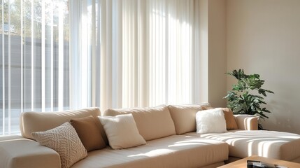 Fototapeta premium Modern Earth-Tone Living Room Interior with Natural Fabric Sofa and Wooden Wall Accents