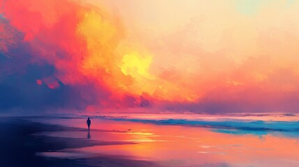 Solitary Figure Walking on a Beach at Sunset Dramatic Colorful Sky Seascape Painting