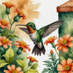 Watercolor illustration of a Glittering-bellied Emerald Hummingbird hovering over bright coral-hued flowers in a lush Argentinian garden