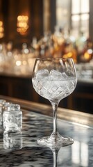 Elegant glass filled with ice sits on a marble bar in a sophisticated lounge during a vibrant evening