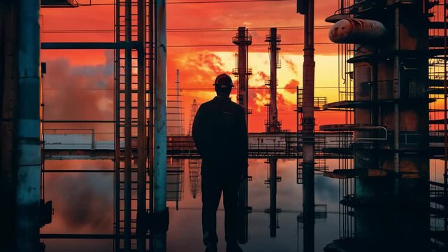 A confidently striding figure of a worker against the backdrop of an industrial facility at sunset. The concept of industrial progress and environmental issues.