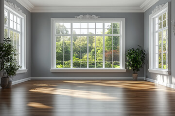 Fototapeta premium Classical empty room interior 3d render,The rooms have wooden floors and gray walls ,decorate with white moulding,there are white window looking out to the nature view.